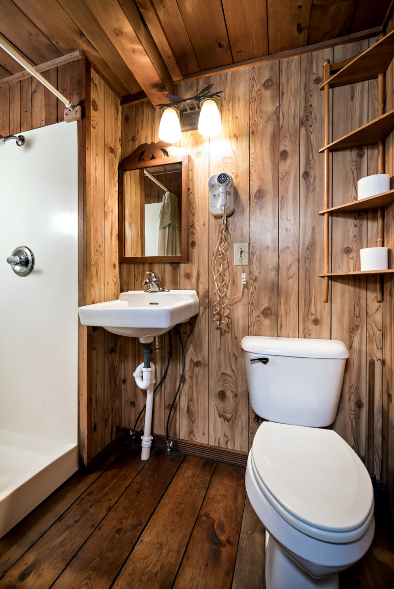 Bathroom in the Liggett Cabin at Gateway Lodge in Cook Forest, Pennsylvania, featuring wood-paneled walls, a white sink, a mirror with a wooden frame, a toilet, and a shower with a white surround.