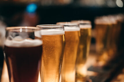 flight of different beers for a tasting event