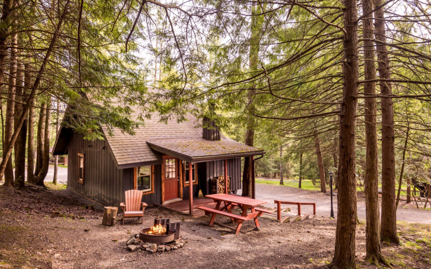 Longfellow Cabin at Gateway Lodge in Cook Forest, Pennsylvania, nestled among hemlock and pine trees with a glowing fire pit and a red picnic table in the yard.
