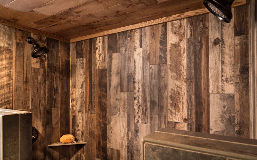 Dual-headed shower in a luxury cabin bathroom at Gateway Lodge, Cook Forest PA.