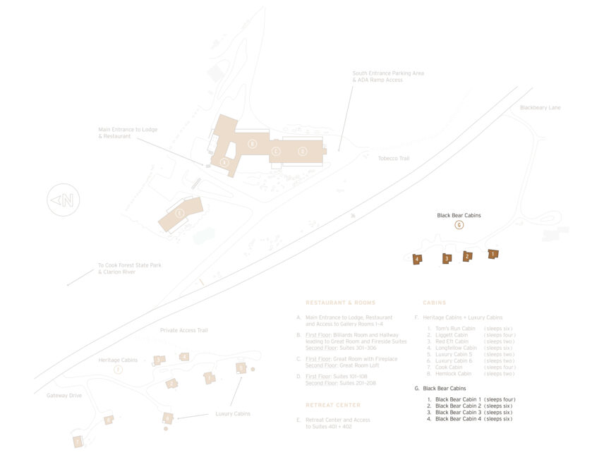 Gateway Lodge property map highlighting the Black Bear Cabins