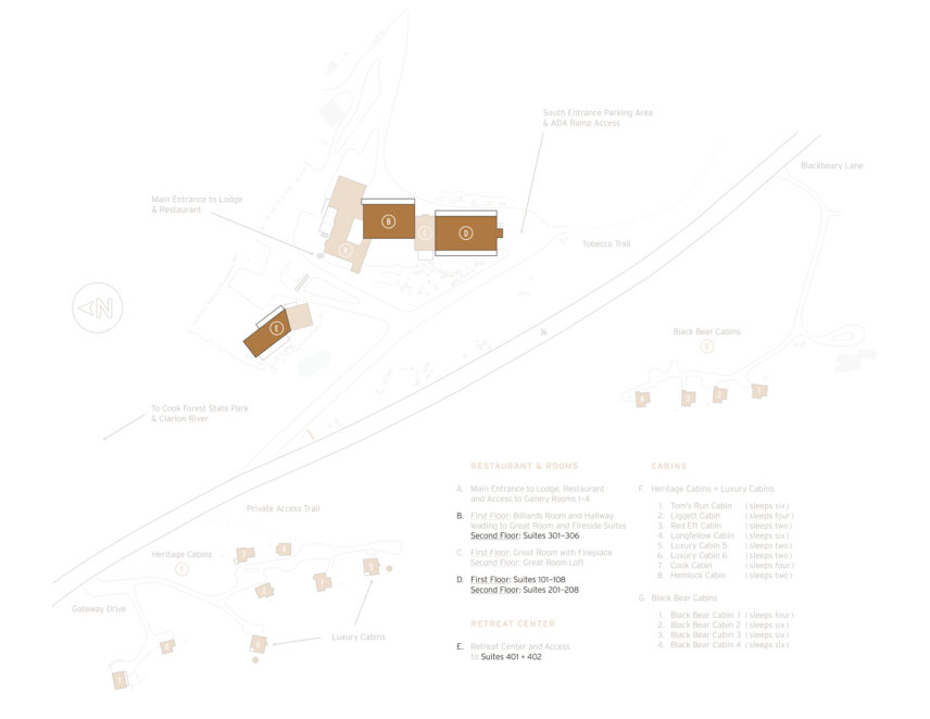 Gateway Lodge property map highlighting the Fireside Suites