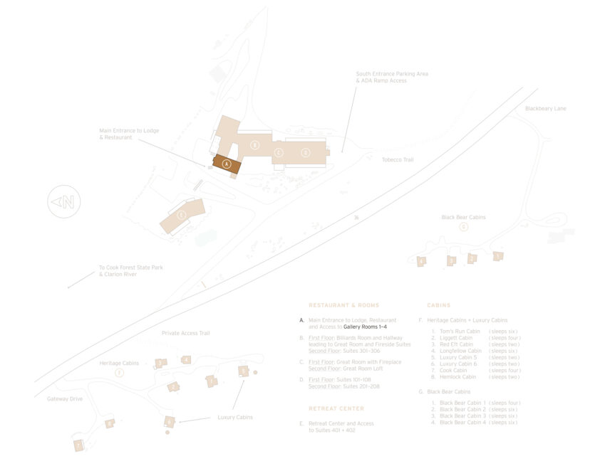 Gateway Lodge property map highlighting the Gallery Rooms