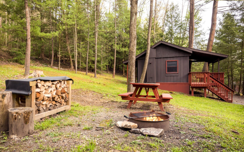 Exterior view of the Red Eft Cabin at Gateway Lodge in Cook Forest, Pennsylvania, featuring a dark siding, red trim, a red picnic table, a lit stone fire pit with a grill, and a covered firewood rack in a wooded setting.
