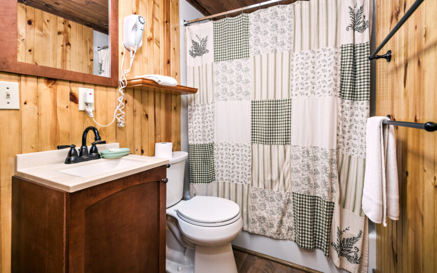 Bathroom in Tom's Run Cabin at Gateway Lodge in Cook Forest, Pennsylvania, featuring wood-paneled walls, a dark wood vanity with a white sink, a mirror, a toilet, and a shower with a patchwork-style curtain.