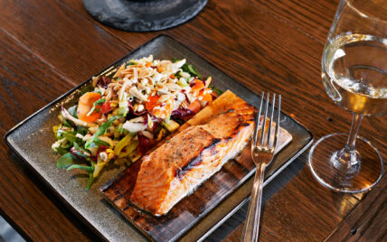 Cedar Planked Honey Rosemary Glazed Salmon with Chopped Apple and Vegetable Salad