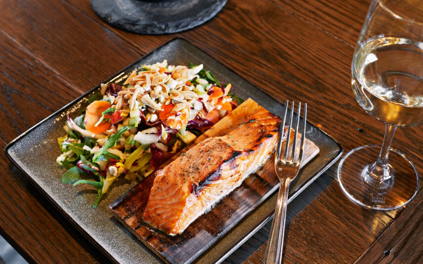 Cedar planked salmon with honey rosemary glaze and fresh apple vegetable salad at Gateway Lodge Cook Forest PA.