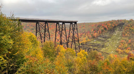 Kinzua Skywalk bridge with a glass-floored observation deck, showcasing stunning fall foliage and expansive views of the Kinzua Gorge