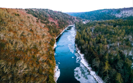 aerial view of the Clarion River during winter in Cook Forest State Park