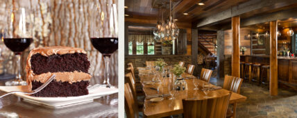 two images: one of a rich chocolate cake with wine glasses filled with red wine in the background, and another of Gateway Lodge's dining area featuring a live-edge wormy maple table, a hand-blown glass chandelier, and beautiful wood paneling throughout