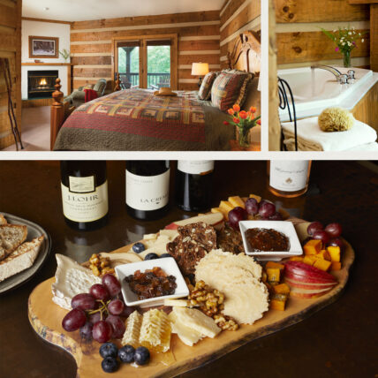 images showing a fireside suite with a balcony, jetted tub, gas fireplace, and king-size bed, followed by an image of a jetted tub and another image showing a variety of cheeses, fruits, nuts, and wine bottles