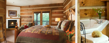 Gateway Lodge's fireside suite featuring hiking sticks, hand-hewn wooden beams, a king-size bed, gas fireplace, balcony with Adirondack chairs, and an arrangement of flowers throughout