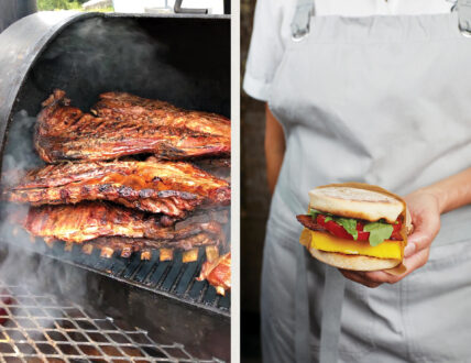 Two images side by side: the left image shows a close-up of barbecued ribs on a grill, while the right image features a chef in an apron holding a freshly made egg sandwich with egg, tomato, arugula, and organic smoked bacon between English muffins.