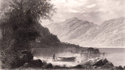 Susquehanna River in Pennsylvania, USA. Sepia-toned steel and wood engraving published 1874 by William Cullen Bryant.