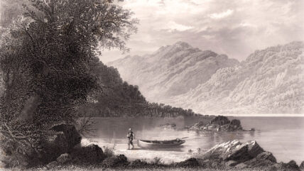 Susquehanna River in Pennsylvania, USA, depicted in a sepia-toned steel and wood engraving published in 1874 by William Cullen Bryant