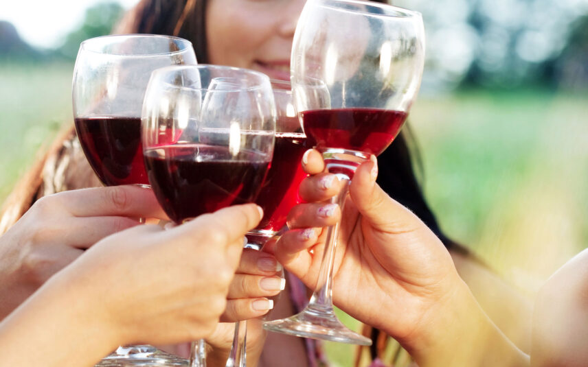 Close-up of multiple hands clinking wine glasses filled with red wine outdoors, symbolizing celebration and fine dining experiences available at Gateway Lodge in Cook Forest, Pennsylvania.