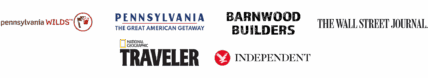 Logos of media outlets and tourism organizations where Gateway Lodge has been featured, including Pennsylvania Wilds, Pennsylvania The Great American Getaway, Barnwood Builders, The Wall Street Journal, National Geographic Traveler, and The Independent, highlighting our recognized excellence in Cook Forest, Pennsylvania.