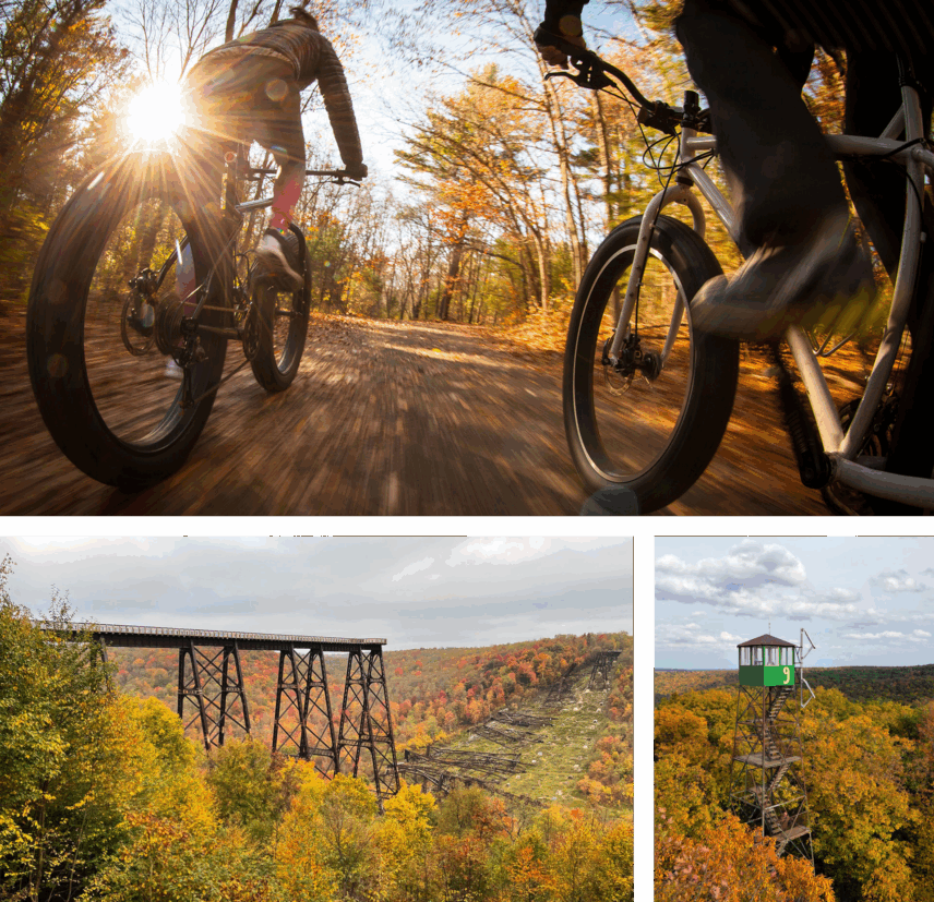 A collage showing two people biking on a forest trail in autumn, a high metal railroad trestle over a valley of fall trees, and a fire tower lookout over a forest of autumn colors.