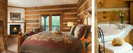 The inviting Fireside Suite at Gateway Lodge in Cook Forest State Park, Pennsylvania, featuring hiking sticks, rustic hand-hewn wooden beams, a comfortable king-size bed, a cozy gas fireplace, a private balcony with Adirondack chairs, and fresh flowers enhancing the ambiance.