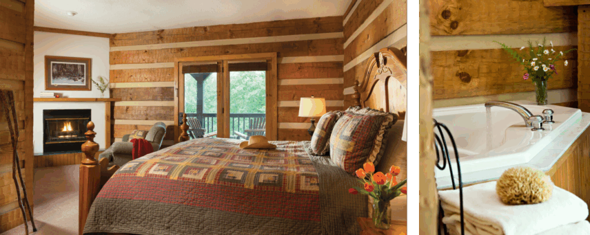 The inviting Fireside Suite at Gateway Lodge in Cook Forest State Park, Pennsylvania, featuring hiking sticks, rustic hand-hewn wooden beams, a comfortable king-size bed, a cozy gas fireplace, a private balcony with Adirondack chairs, and fresh flowers enhancing the ambiance.