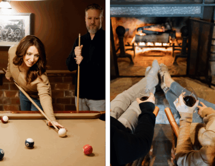 A couple enjoying a romantic getaway at Gateway Lodge in Cook Forest, Pennsylvania. The image is split into two scenes: on the left, a woman in a tan sweater takes a shot during a game of billiards while a man watches; on the right, two people relax in front of a cozy fireplace, holding glasses of red wine.