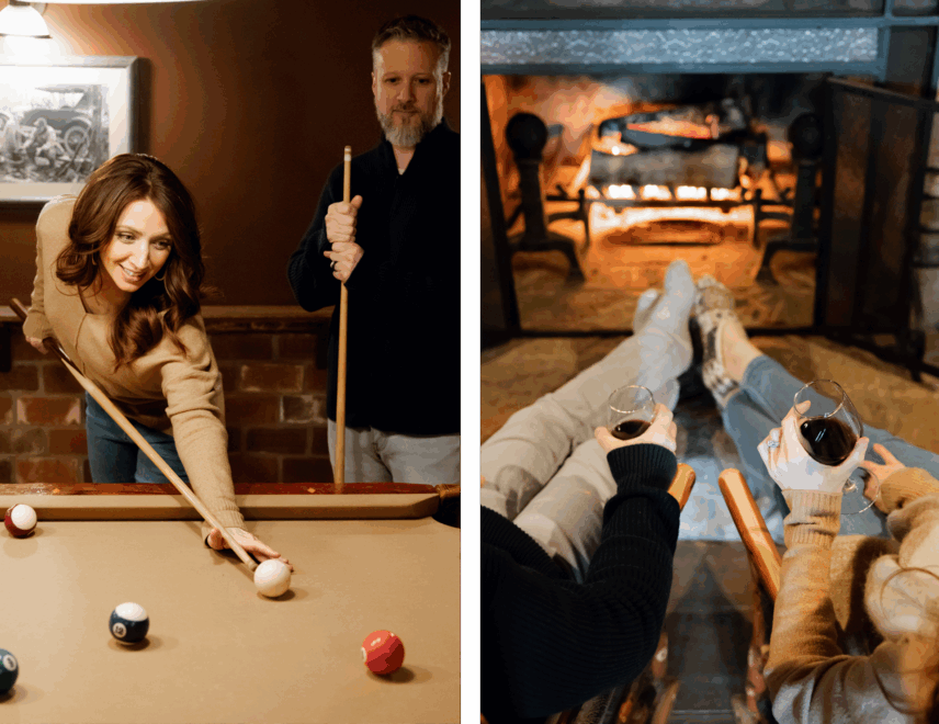 A couple enjoying a romantic getaway at Gateway Lodge in Cook Forest, Pennsylvania. The image is split into two scenes: on the left, a woman in a tan sweater takes a shot during a game of billiards while a man watches; on the right, two people relax in front of a cozy fireplace, holding glasses of red wine.
