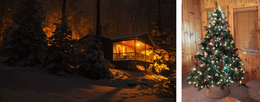 A festive, split-image view of a Christmas getaway at Gateway Lodge in Cook Forest, Pennsylvania. The left side shows a cozy Black Bear Cabin at night, warmly lit and surrounded by snow-covered pine trees and fresh snow. The right side shows the interior of a cabin, featuring a large, fully decorated and pre-lit Christmas tree with a basket base, ready for guests enjoying the 