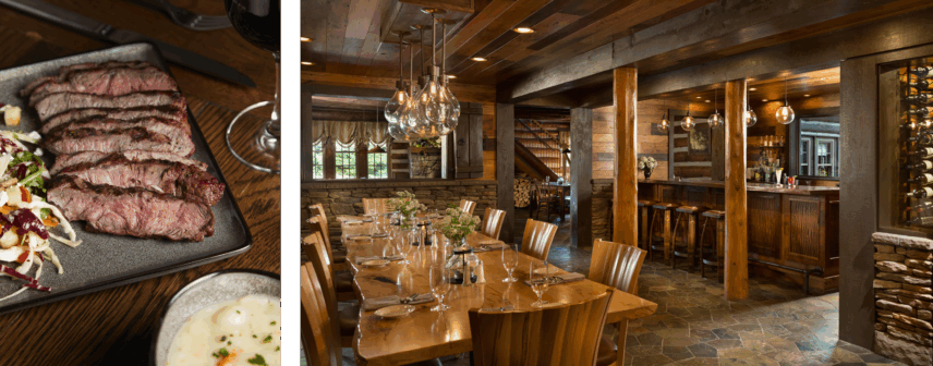 A split image promoting the fine dining experience at Wild Crafters Kitchen at Gateway Lodge. The left side shows a close-up of a perfectly sliced, medium-rare steak served on a gray plate with a side salad, hinting at the high quality of the cuisine. The right side shows the rustic, elegant interior of the restaurant, featuring a long communal table made of live-edge wood, wood beam architecture, stone accents, and a classic wooden bar area with stools.
