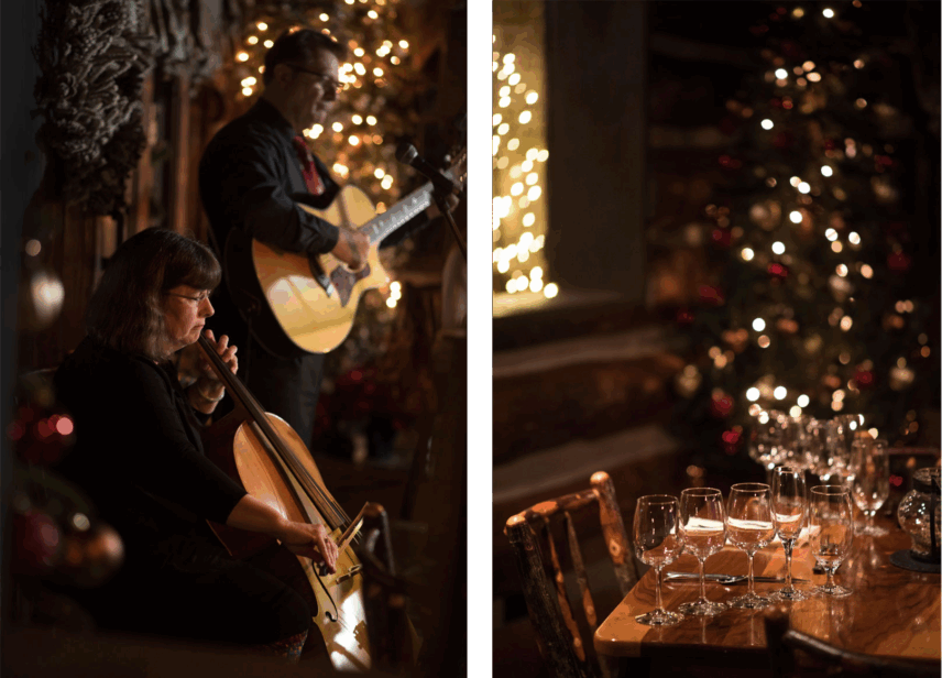 A festive, split image capturing the fine dining experience at Gateway Lodge in Cook Forest. On the left, two musicians (a cellist in the foreground and a guitarist in the background) perform live music, surrounded by warm holiday string lights. On the right, a close-up of a rustic wooden dining table shows a row of empty wine glasses, suggesting a wine tasting or fine dining service, with a dimly lit, decorated Christmas tree nearby.